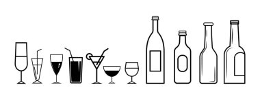 Beyaz arka planda içecek hatları simgeleri kümesi-vektör ıllustrati