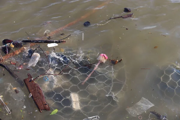 Rubbish are floating on river — Stock Photo, Image