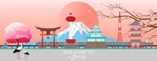 Travel képeslap, panoráma, Japán turné. — Stock Vector