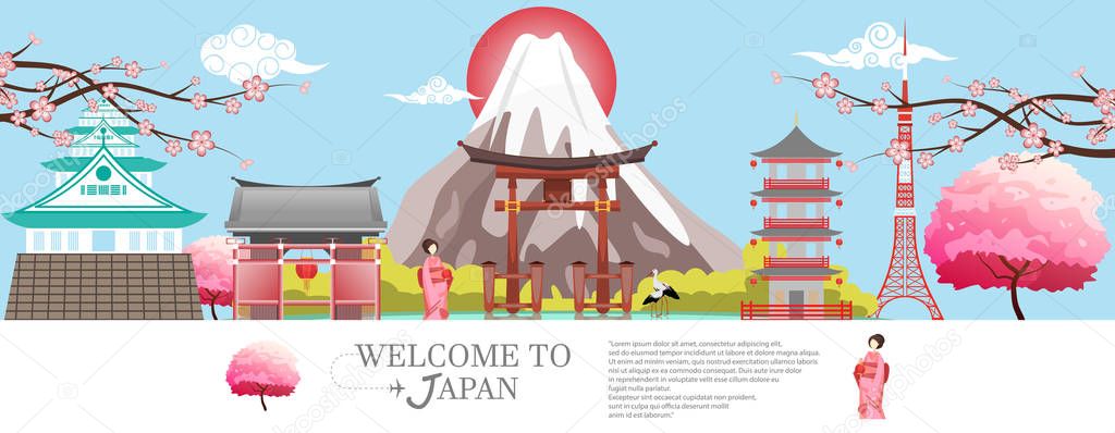Panorama travel postcard, tour advertising of of Japan.