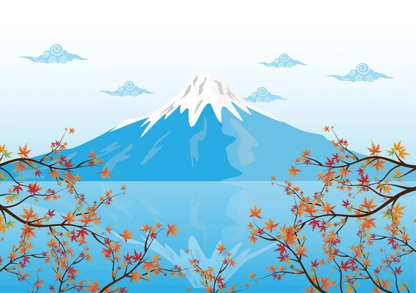 Berg-Fuji, berühmte Wahrzeichen Japans mit Ahornblatt-Vektorillustration. — Stockvektor