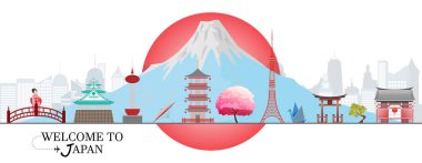 Panorama seyahat kartpostalı, Japonya'nın tur reklamı. Vektör çizimi.