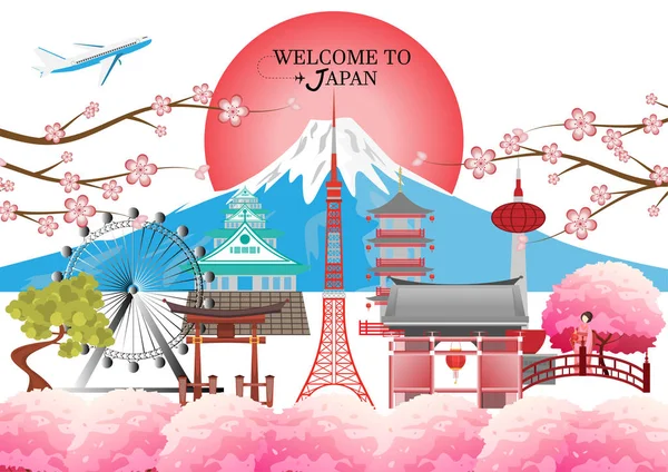 Cestovní pohlednice, prohlídka inzerce světoznámé památky Japonska-vektorová ilustrace. — Stockový vektor