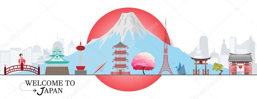 Panorama travel postcard, tour advertising of Japan. Vector illustration.