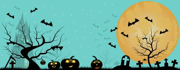 Halloween silhuett bakgrund, pumpor på kyrkogården i natthimmel bakgrund - Vektor illustration. — Stock vektor