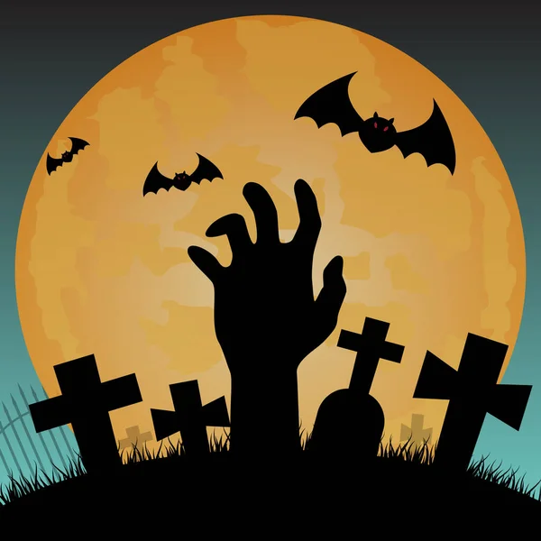 Halloween sfondo silhouette, mano zombie sul cimitero in sfondo cielo notturno - Illustrazione vettoriale . — Vettoriale Stock