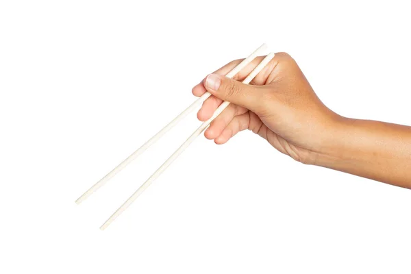 Hand Holding Wooden Chopsticks Isolated White Background Clipping Paths — Stock Photo, Image