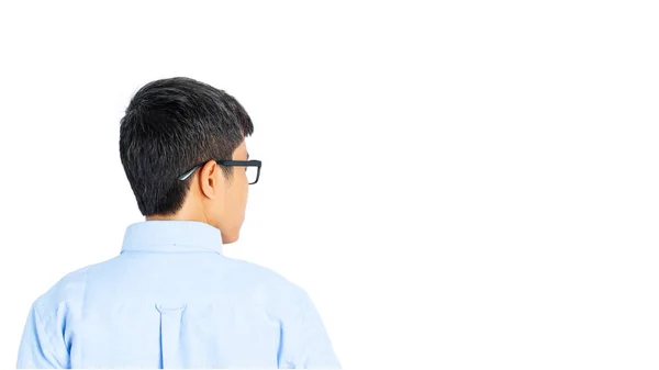 Hombre Negocios Asiático Con Una Camisa Azul Gafas Mirando Algo —  Fotos de Stock