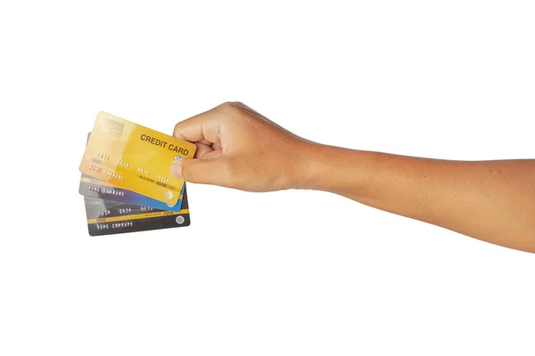 Рука Тримає Кредитну Картку Ізольовано Білому Тлі Відсічні Контури — стокове фото