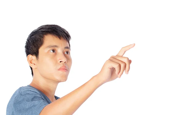 Young Asian Man Pointing Finger Touching Blank Space Screen Isolated — Stock Photo, Image