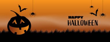 Turuncu arka planda kutlama için Cadılar Bayramı süslemesi. Tatil partisi davetiyesi posteri, tebrik kartı, parti davetiyesi, Vektör illüstrasyonu. 