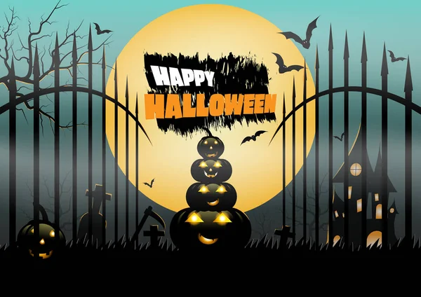 Impreza Halloweenowa Pełnia Księżyca Nawiedzony Dom Dynie Cmentarzu Plakat Zaproszeniem — Wektor stockowy