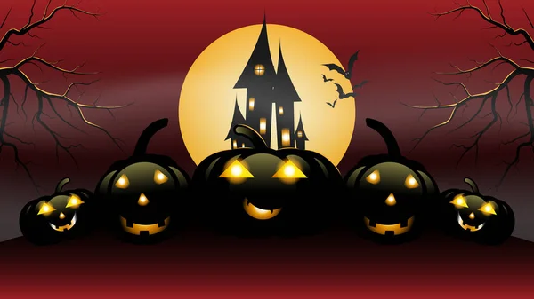 Вечірка Хелловін Повний Місяць Будинок Привидами Пумпкінс Уночі Плакат Запрошення — стоковий вектор
