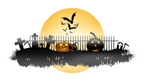 Stendardo Festa Halloween Luna Piena Zucche Pipistrello Nel Cimitero Isolato — Vettoriale Stock