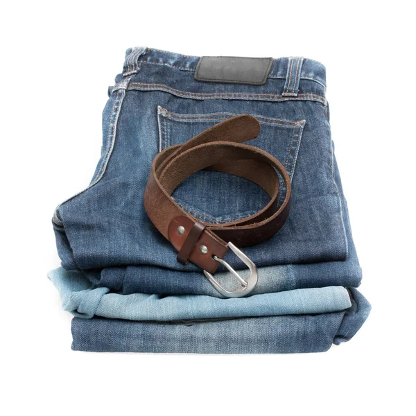 Pantalones Vaqueros Azules Cinturón Cuero Sobre Fondo Blanco —  Fotos de Stock