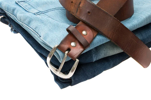 Leather Belt Blue Jeans Isolated White Background — Stock Photo, Image