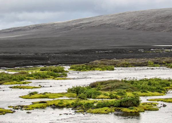 明亮的绿色绿洲在黑色的沙土沙漠 苔藓植被岛屿在河中被贫瘠的景观包围 冰岛中部高地的偏远部分 瓦特纳冰川国家公园 — 图库照片