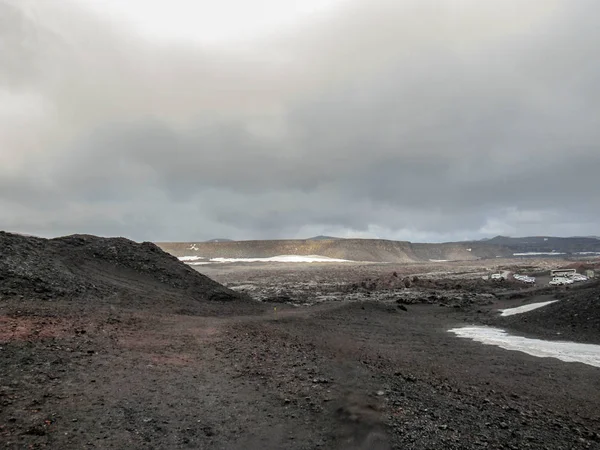 Hiking Trail Barren Lunar Landscape Volcanic Rocks Covered Snow Askja Stock Photo