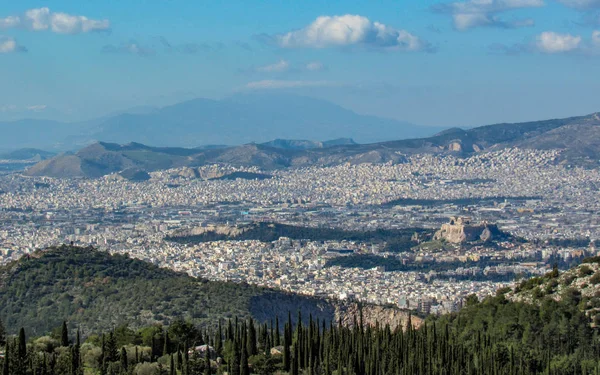 Міський Пейзаж Афін Сонячний День Акрополя Видно Вище Blue Sky — стокове фото