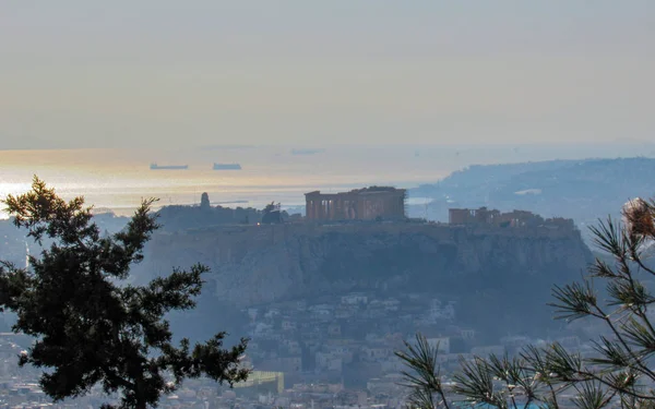 Міський Пейзаж Прекрасного Міста Афіни Від Гори Лікавіт Показ Акрополь — стокове фото