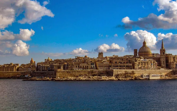 Valletta Skyline Panorama Carmelite Church Dome Pauls Anglican Cathedral Sunny — Stock Photo, Image