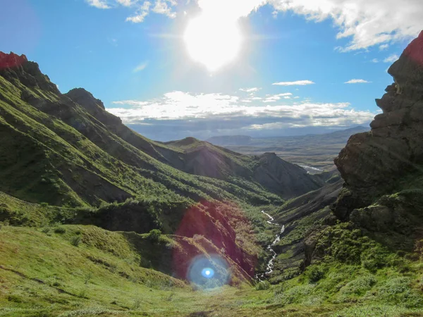 Vue Sur Vallée Thorsmork Avec Une Végétation Verte Mousse Fougère — Photo