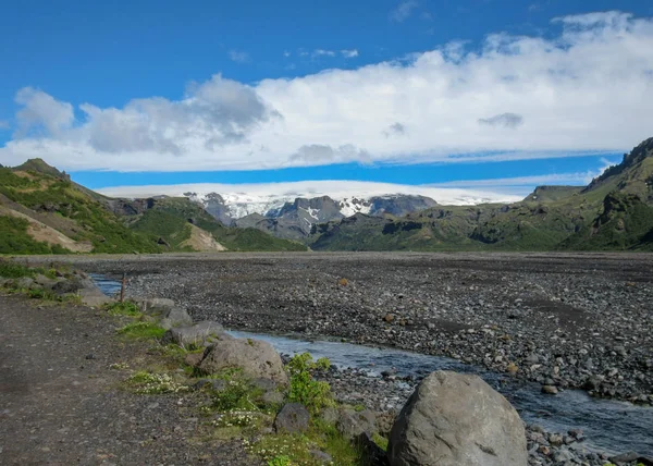 Vista Sobre Vale Rio Krossa Sobre Thorsmork Entre Geleiras Tindafjallajokull — Fotografia de Stock