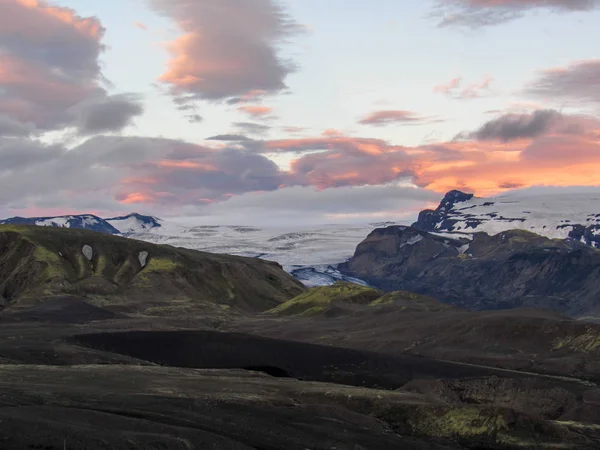 Ηφαιστειακό Τοπίο Eyjafjallajokull Και Myrdalsjokull Έδαφος Παγετώνες Κάτω Από Ηλιοβασίλεμα — Φωτογραφία Αρχείου