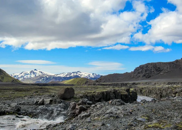Kijk Brede Rivier Met Blauwe Glaciale Water Loopt Van Myrdalsjokull — Stockfoto