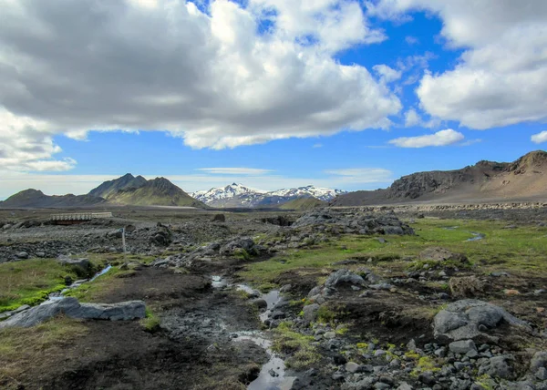 Breathtaking View Tiny River Bright Green Mossy Banks Flows Myrdalsjokull — Stock Photo, Image