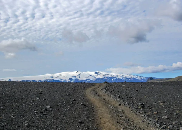Caminho Jogar Maelifellsandur Deserto Areia Negra Vulcânica Cercada Por Vulcões — Fotografia de Stock
