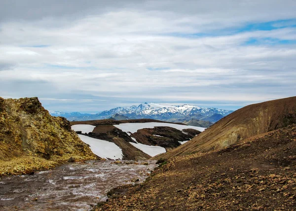 Blick Auf Den Alftavatn Gletscher Myrdalsjokull Eyjafjallajokull Und Tindfjallajokull Schwarze — Stockfoto