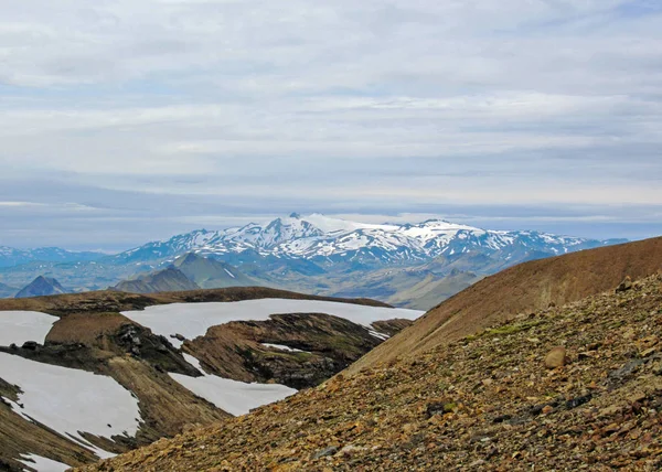 Pamoramic Megtekintése Alftavatn Gleccserek Myrdalsjokull Eyjafjallajokull Tindfjallajokull Fekete Vulkáni Sivatagban — Stock Fotó