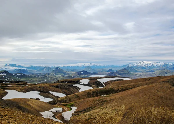 Πανοραμική Θέα Στη Λίμνη Alftavatn Παγετώνες Eyjafjallajokull Myrdalsjokull Και Tindfjallajokull — Φωτογραφία Αρχείου