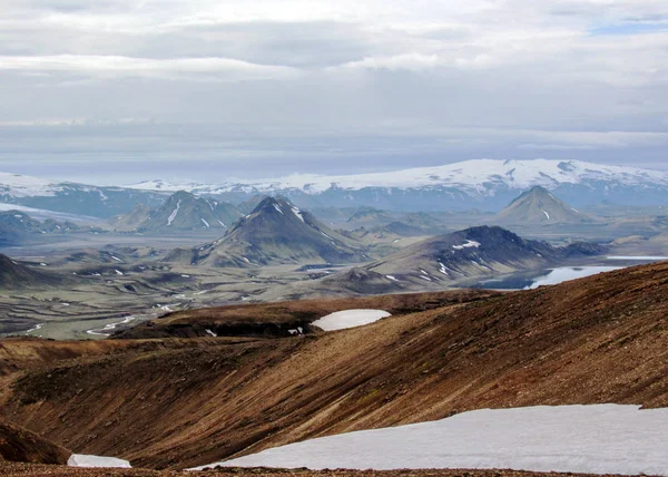 Pamoramic Syn Alftavatn Sjön Glaciärerna Eyjafjallajökull Myrdalsjokull Och Tindfjallajokull Svart — Stockfoto