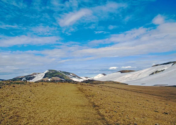 Laugavegur Trail Laugavegurinn Megy Dobja Színes Riolit Hegység Fekete Láva — Stock Fotó