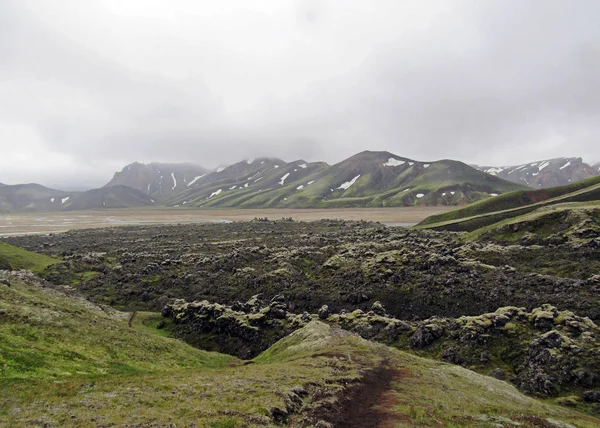 Zöld Mohával Borított Vulkáni Hegység Fekete Láva Mező Landmannalaugar Izland — Stock Fotó