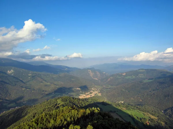 Magnificent panorama over the ridges and Tech Valley with medieval town Prats-de-Mollo from the Tower of Mir, located at 1540 metres, Pyrenees-Orientales, Occitanie, southern France, Europe