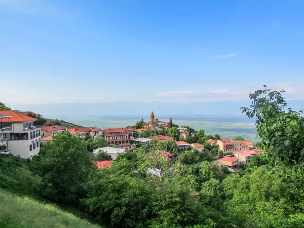 佐治亚州 Kkaheti 卡赫提地区 Sighnaghi 风景如画的风景 柔和的房屋和狭窄的鹅卵石街道的全景 卡赫蒂的建筑 在佐治亚州的热门旅游目的地 — 图库照片