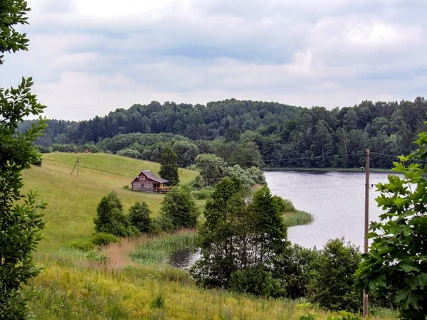 녹색 분야, 작은 나무 집 여름 날에는 호수와 조용한 시골 풍경 — 스톡 사진