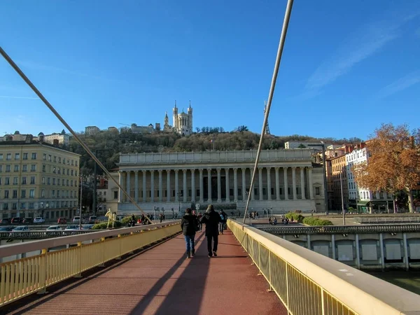 Footbridge Gateway to Courthouse Palais de Justice and its single pylon and cables in Lyon, France