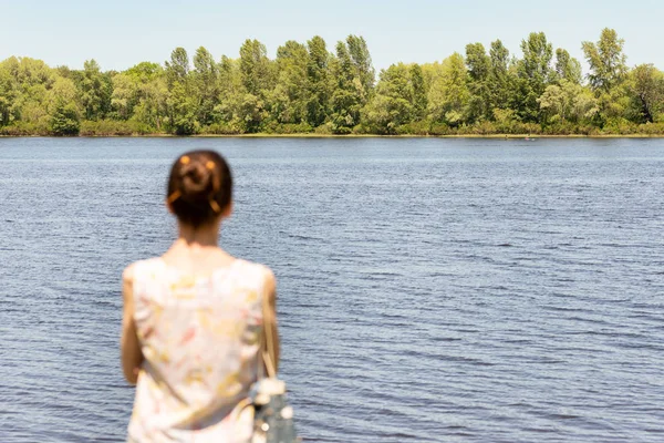 Kiev Ukrayna Dnieper Nehri Yakınında Ayakta Bir Chignon Bir Kadınla — Stok fotoğraf