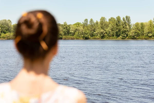 Kiev Ukrayna Dnieper Nehri Yakınında Ayakta Bir Chignon Bir Kadınla — Stok fotoğraf