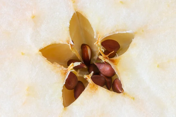 Macro of a cut apple, showing the seeds in a delicate five pointed star motive