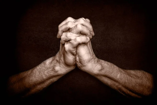 Man Hands Crossed Fingers Classical Gesture Person Praying God Christian — Stock Photo, Image