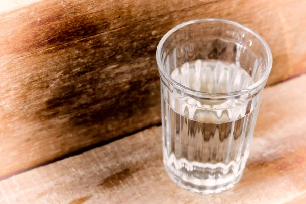 One Glass Water Illuminated Natural Light Wooden Plank — Stock Photo, Image