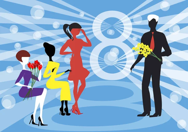 Człowiek Stanowi Mimosa Kwiaty Dla Kobiet Marca Dzień Kobiet — Wektor stockowy