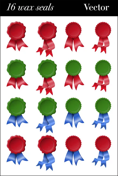 Sixteen Green Red Colored Wax Seals Red Blue Ribbons — Stock Vector