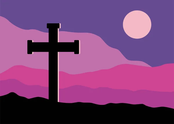 Symbolic View Crucifix Golgotha Mountains Moon Sky — Stock Vector