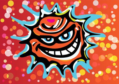 A bad orange angry sun is laughing in a colorful sky full of bubbles of confetti. A long exposure to the sun can cause various diseases or illness and cancer. clipart